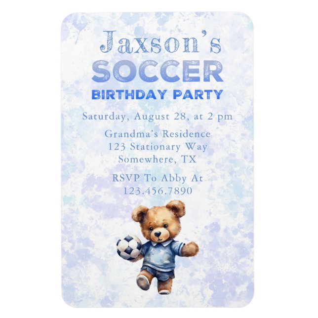 Magnet Flexible Mignonne Ours Teddy avec Football Anniversaire Inv (Vertical)