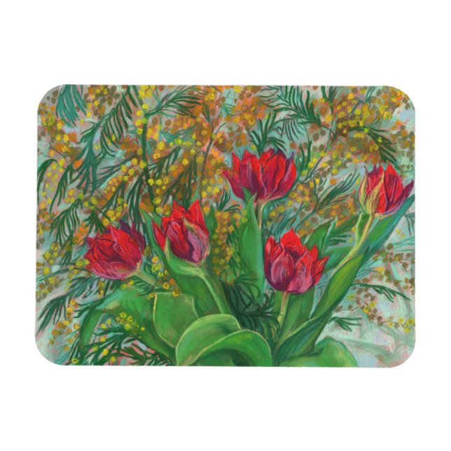 Magnet Flexible Mimosa et Tulipes, Fleurs de Printemps, Peinture F (Horizontal)