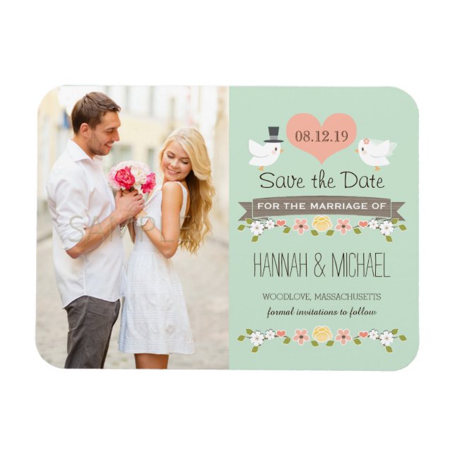 Magnet Flexible Mint Green Inséparables Dove Enregistrer la date (Horizontal)