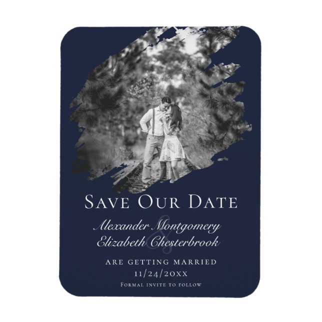 Magnet Flexible Modern Brushstroke Photo Save the Date Navy Blue (Vertical)