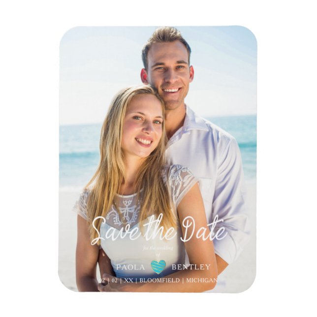 Magnet Flexible Modern Chic Turquoise Heart Photo Couple Save Date (Vertical)