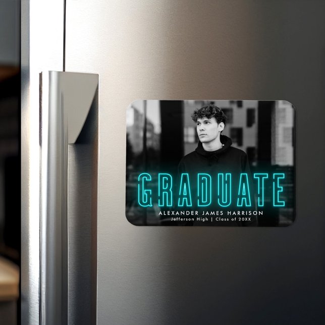 Magnet Flexible Moderne Cyan Neon Photo Graduation (Créateur téléchargé)
