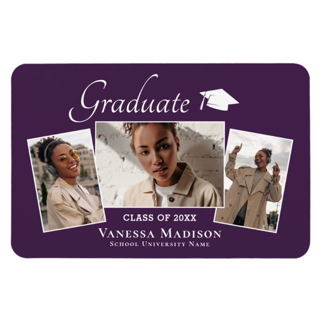 Magnet Flexible Moderne | Elegant 3 Photo Grad Faire-part (Horizontal)