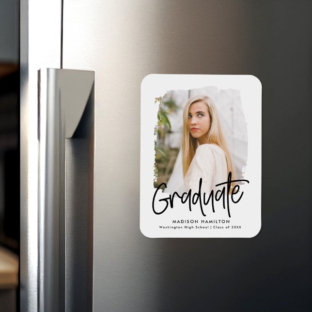 Magnet Flexible Moderne Preppy Black Script Photo Graduation (Créateur téléchargé)