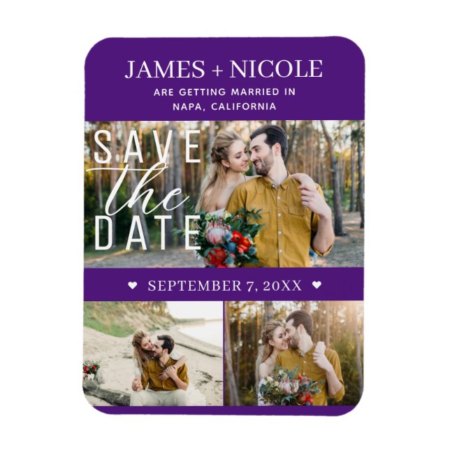 Magnet Flexible Moderne Royal Purple Enregistrer la date Mariage 3 (Vertical)