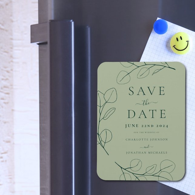 Magnet Flexible Moderne simple Mariage vert Sage Foliage (Minimalist leaves Stylish typography sage green wedding save the date invitation magnet)