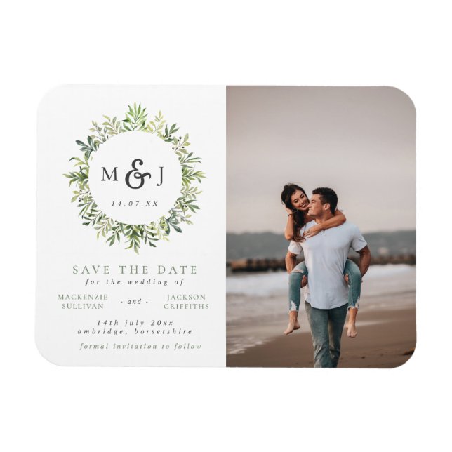 Magnet Flexible Monogramme de couronne feuille Photo du Mariage En (Horizontal)