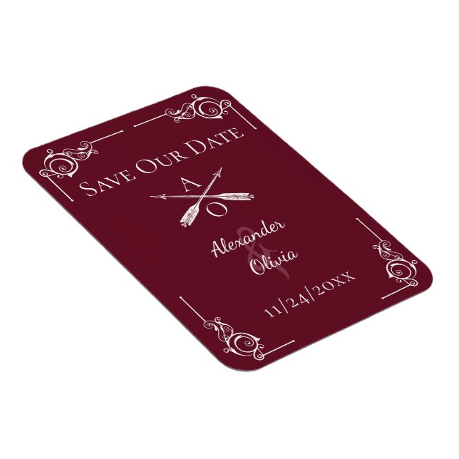 Magnet Flexible Monogramme et flèches rouge vigne la date (Côté Droit)