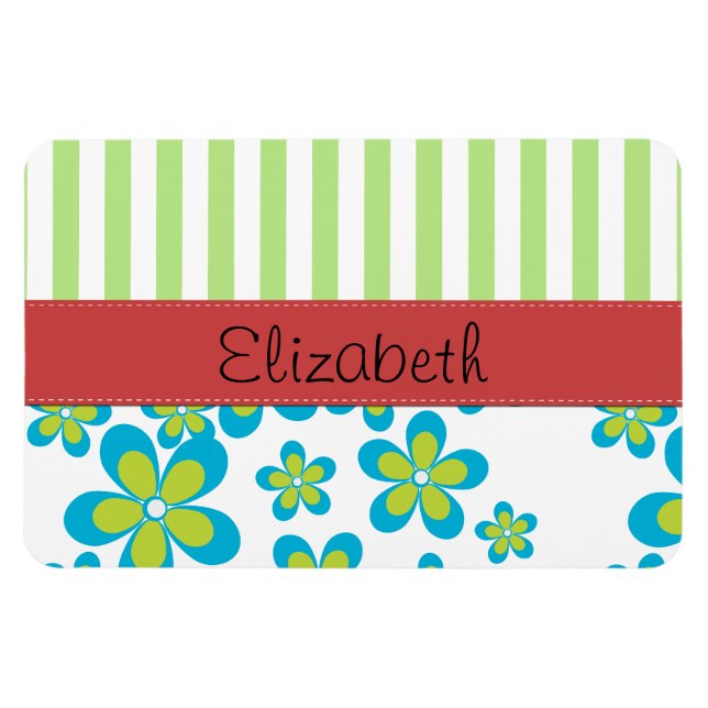 Magnet Flexible Motif De Fleurs, Grandes Vertes, Votre Nom (Horizontal)