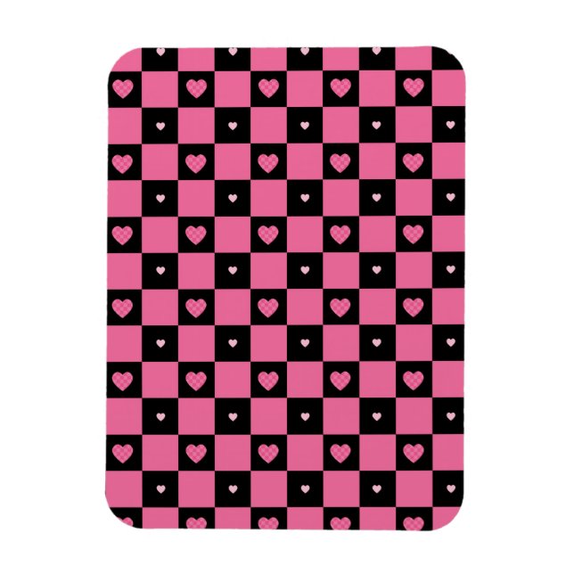Magnet Flexible Motif moderne Pink and Black Checker Coeurs filles (Vertical)