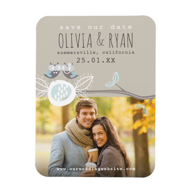 Magnet Flexible Mr & Mrs Blue Mariage Owls Enregistrer La Date Pho (Vertical)