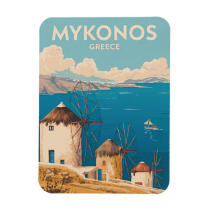Magnet Flexible Mykonos Grèce Illustration Art de Voyage Vintage