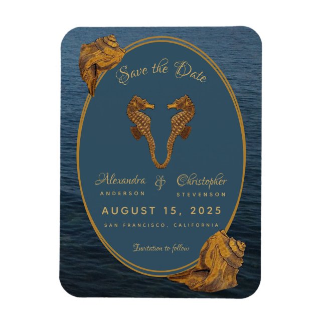 Magnet Flexible Nautical Gold Seahorse Beach Mariage Enregistrer l (Vertical)
