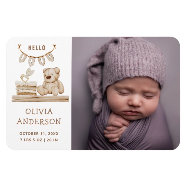Magnet Flexible Neutral Photo Birth Announcement | Boho Teddy Bear (Horizontal)