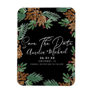 Magnet Flexible Noël Aquarelle Pommes de pin Noir Save the Date