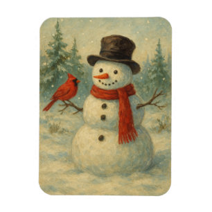 Magnet Flexible Noël bonhomme de neige vintage et oiseau rouge 