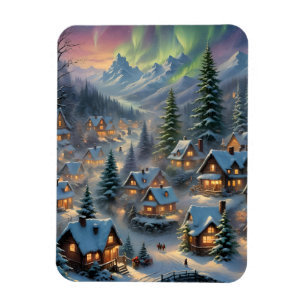 Magnet Flexible Noël dans un village de montagne, lumières polaire