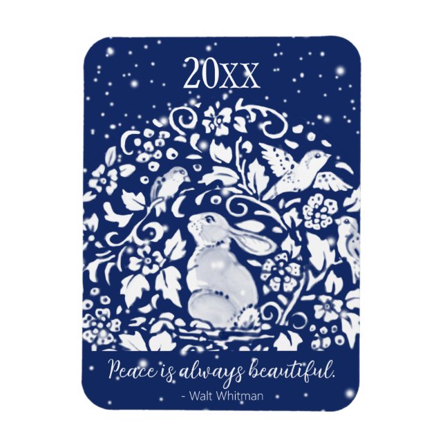 Magnet Flexible Noël Rabbit Bleu Blanc Année de la paix Whimsical (Vertical)