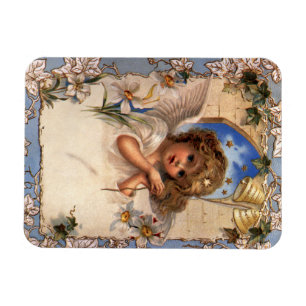 Magnet Flexible Noël vintage, ange victorien avec cloches dorées