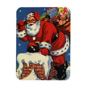 Magnet Flexible Noël vintage, le Père Noël descend par la cheminée