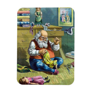 Magnet Flexible Noël vintage, le Père Noël fabriquant des poupées
