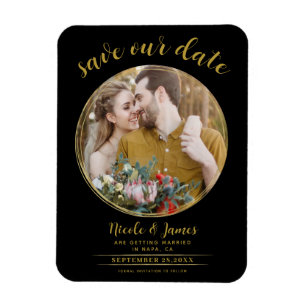Magnet Flexible Noir et or Moderne Photo circulaire Save the Date