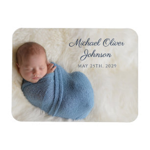 Magnet Flexible Nom bleu Date de naissance Script Bébé Photo