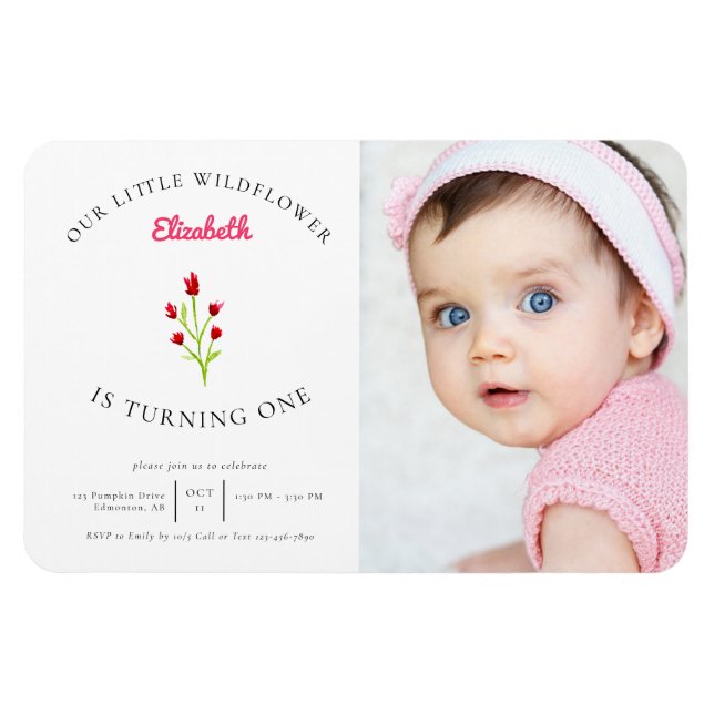 Magnet Flexible Notre petit Fleur sauvage 1er anniversaire Floral  (Horizontal)