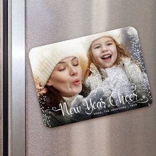 Magnet Flexible Nouvel an Joyeux photo White Script Snowflakes