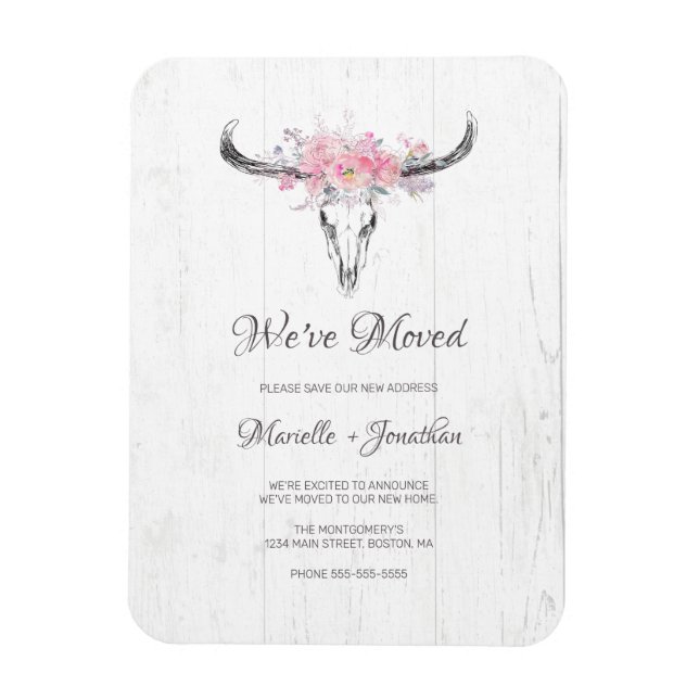 Magnet Flexible Nouvelle adresse Vache rustique Crâne Boho Floral (Vertical)