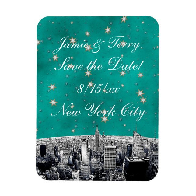 Magnet Flexible NYC Skyline 2 Turquoise Gold Star Économisez La Da (Vertical)
