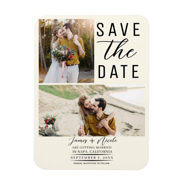 Magnet Flexible Off White Modern 2 Photos Save the Date Mariage (Vertical)
