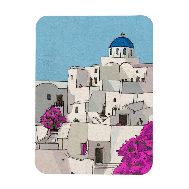 Magnet Flexible Oia Santorini Île Grèce Illustration lunaire (Vertical)