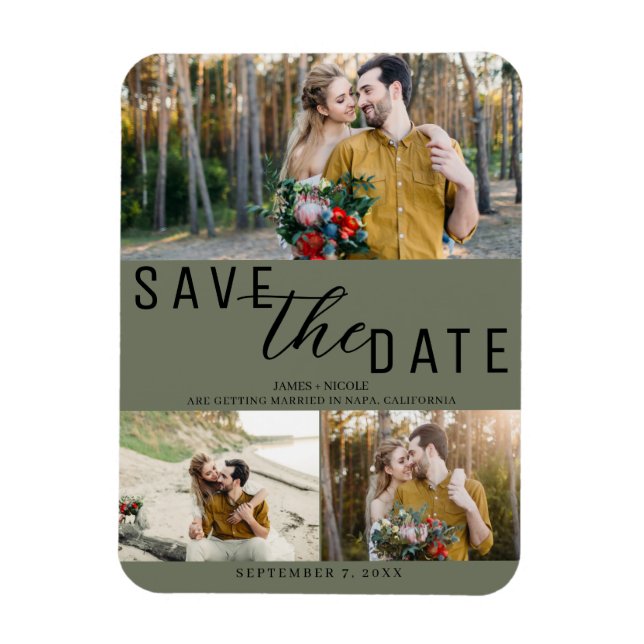 Magnet Flexible Olive Green Enregistrer la date Mariage 3 photos (Vertical)