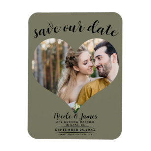 Magnet Flexible Olive Green Heart Photo Wedding Sauvez la date