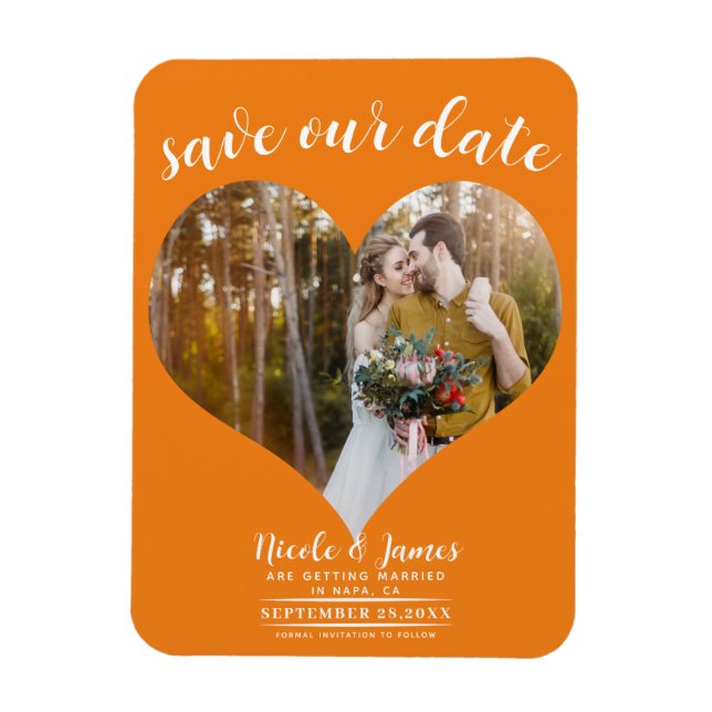 Magnet Flexible Orange Coeur photo mariage Enregistrer la date (Vertical)