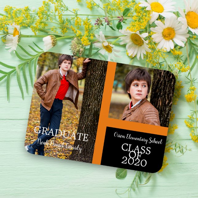 Magnet Flexible Orange Graduate Simple Deux Photos Graduation (Minimalist Graduate Simple Two Photos Graduation Keepsake.)