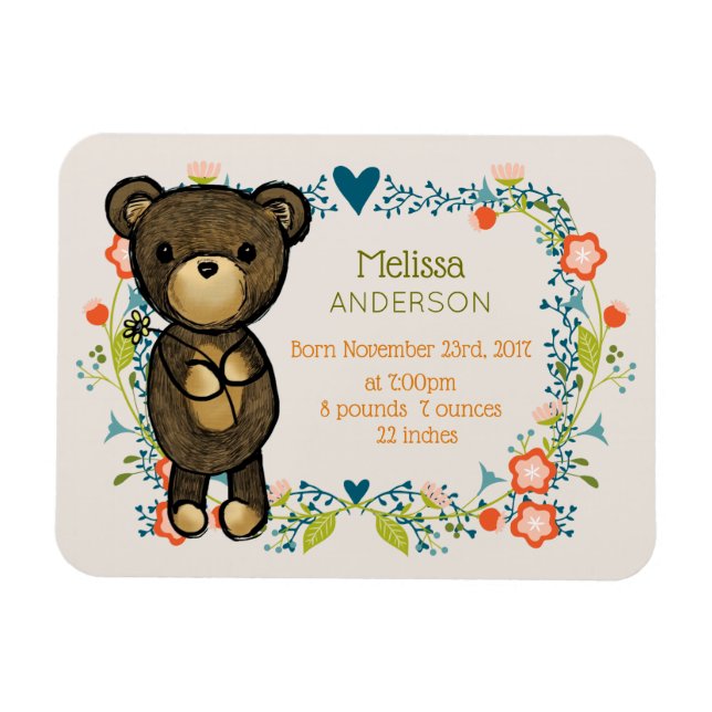Magnet Flexible Ours en peluche avec Fancy Florals naissance bébé (Horizontal)