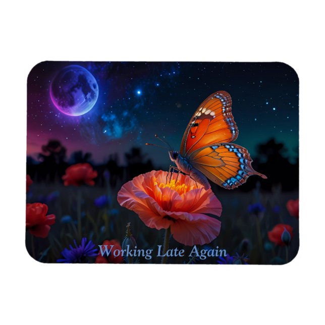 Magnet Flexible Papillon orange ramassant du pollen au clair de lu (Horizontal)