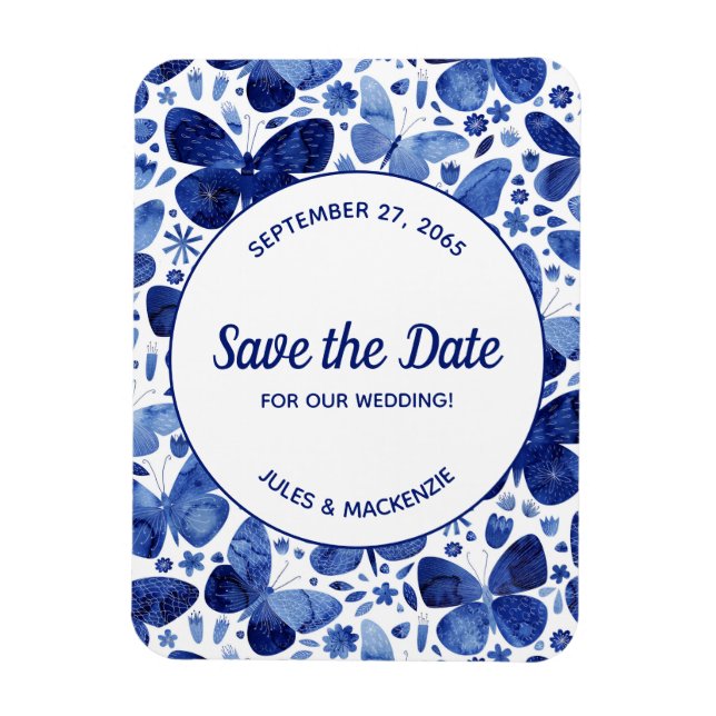 Magnet Flexible Papillons Aquarelle Indigo Bleu Enregistrer la dat (Vertical)