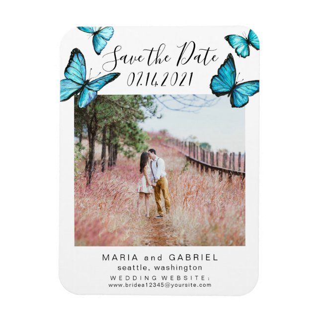 Magnet Flexible Papillons bleus Frame Wedding Enregistrer la Date  (Vertical)