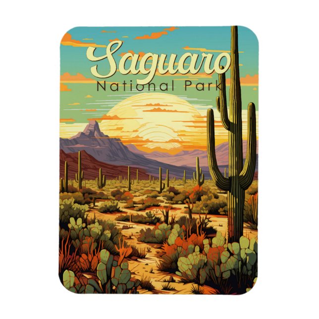 Magnet Flexible Parc national du Saguaro Illustration Rétro (Vertical)