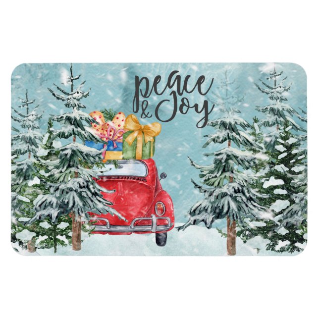 Magnet Flexible Peace and Joy Red Car en Forêt d'hiver (Horizontal)