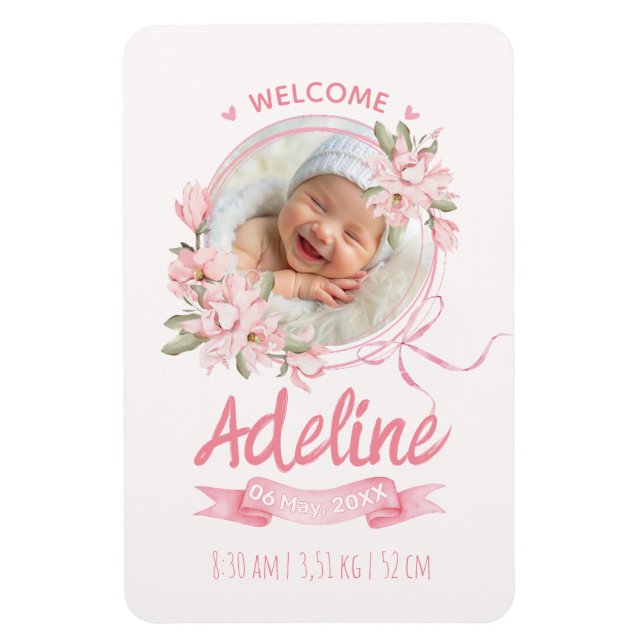 Magnet Flexible personalized baby blue floral Birth announcements (Vertical)