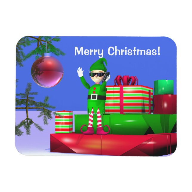 Magnet Flexible Petit Elfe de Noël debout sur les cadeaux (Horizontal)