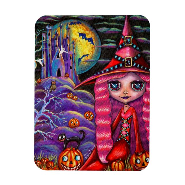 Magnet Flexible Petite sorcière rose Gros yeux Halloween Chat noir (Vertical)