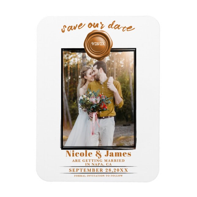 Magnet Flexible Phoque de cire orange mariage Enregistrer la date (Vertical)