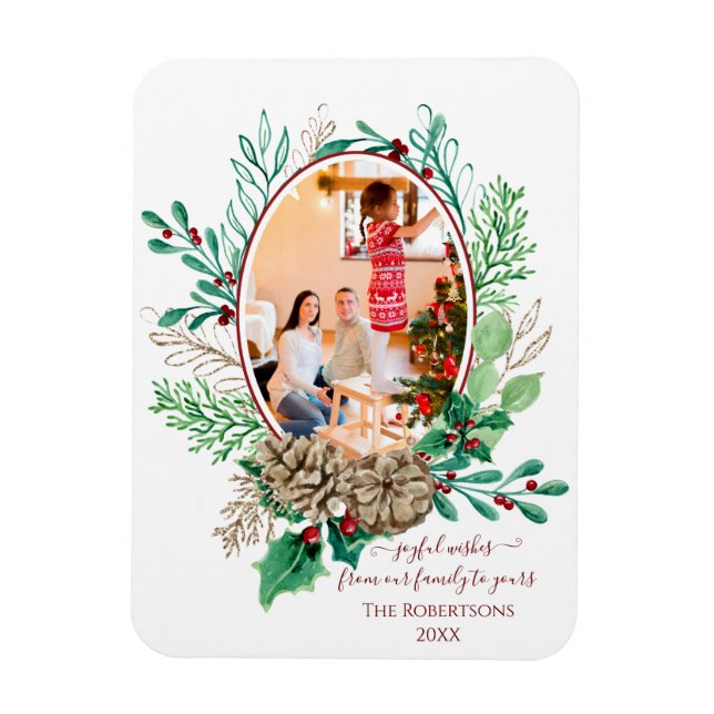 Magnet Flexible Photo de famille de Noël Aquarelle Wreath Holly (Vertical)