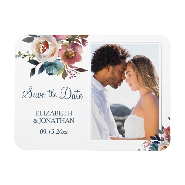 Magnet Flexible Photo Formelle Dusty Vin Bleu Bourgogne Floral (Horizontal)