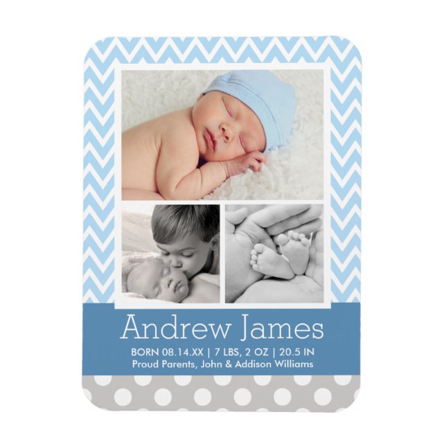 Magnet Flexible Photo moderne Chevron Baby Boy Blue Grey Photo Nai (Vertical)